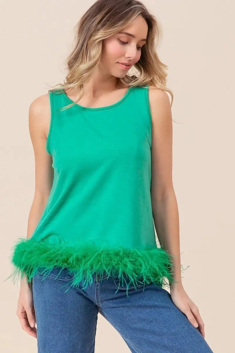 BiBi French Terry Faux Feather Bottom Back Tied Top Fashion - Love Salve